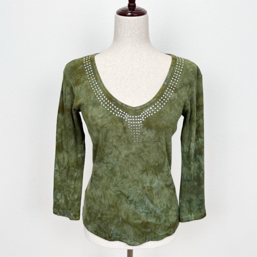 Vtg Y2K Fairy Grunge Top Womens Large Green Rhinestones Embellished Grunge‎ USA